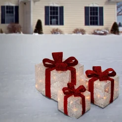 National Tree Company Pre-Lit White Gift Boxes, Set of Three, White Lights