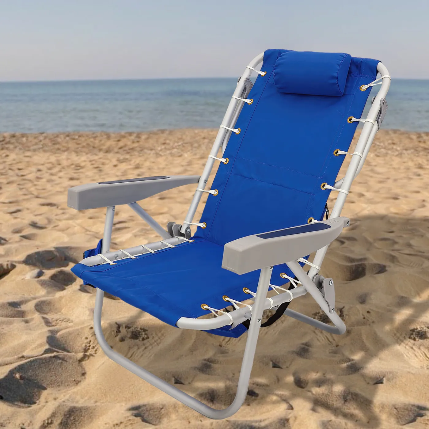 National Tree Company 24x24x26 in. Aluminum Blue Horizontal Stripe Print Beach Chair with Pillow and side Pouch