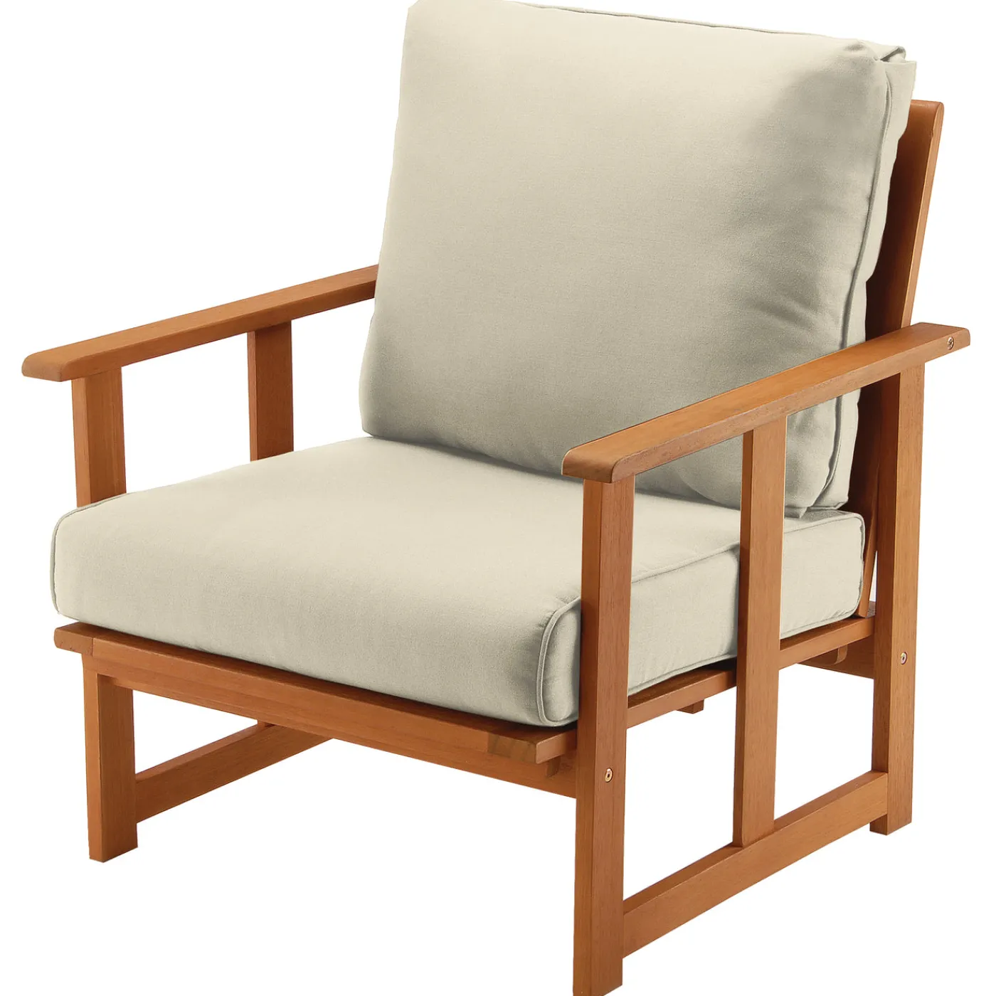 National Tree Company 31x31x33 in. Eucalyptus Grandis Wood Club Chair, Natural Color, Beige Cushions