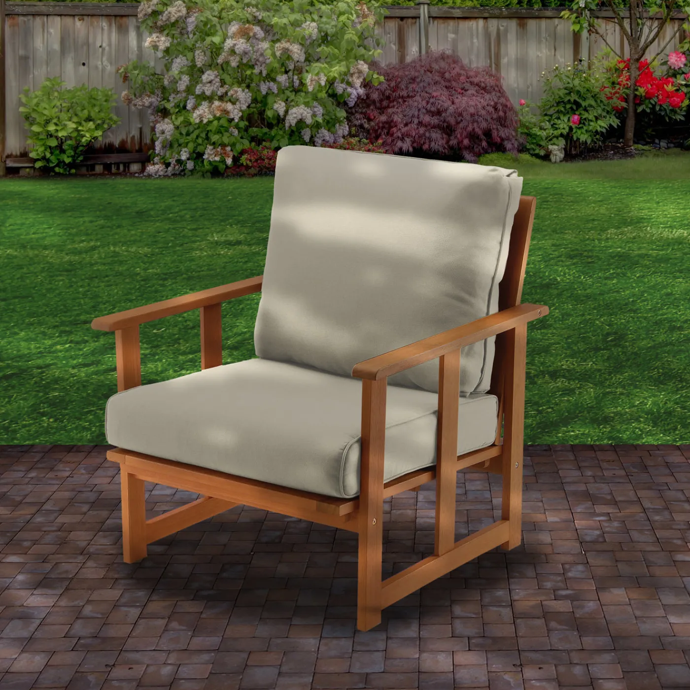 National Tree Company 31x31x33 in. Eucalyptus Grandis Wood Club Chair, Natural Color, Beige Cushions