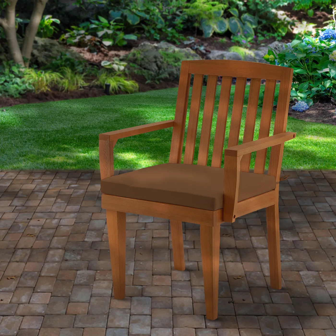 National Tree Company 24x26x37 in. Eucalyptus Grandis Wood Dining Armchair, Natural Color with Chocolate Cushion and Polyester Pad
